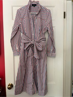 J. Crew Red, White & Blue Striped Tie-Waist Shirt Midi Dress